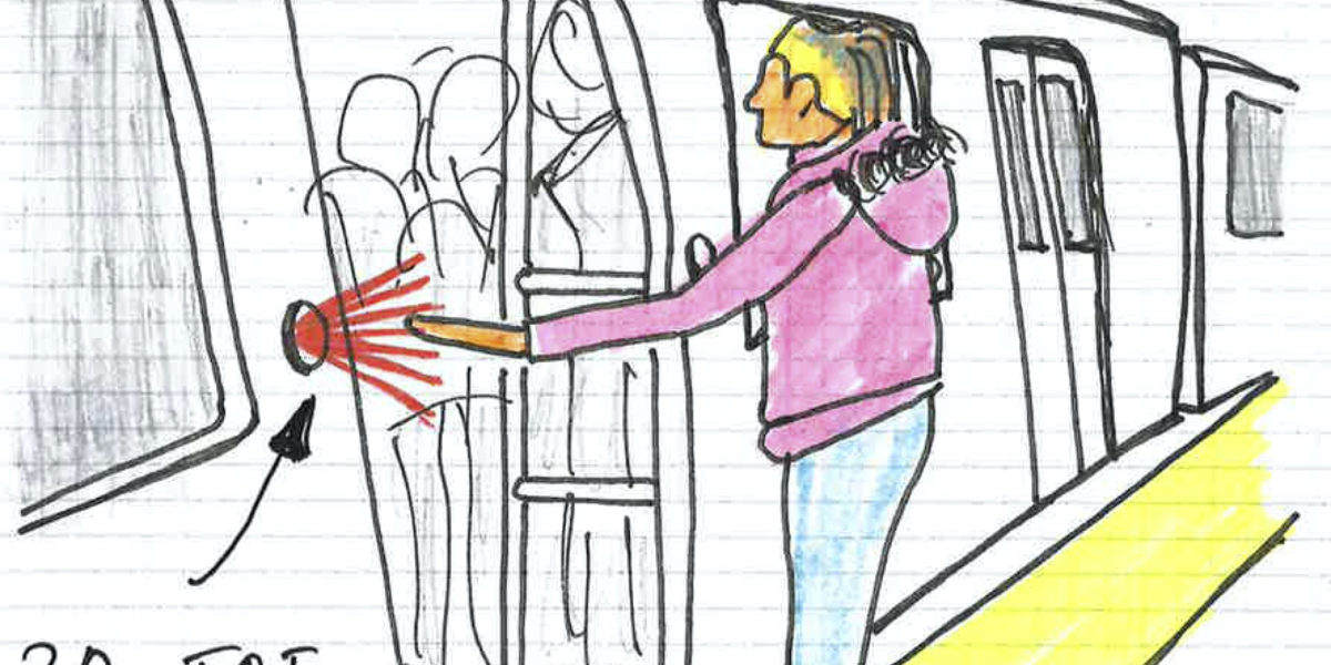 Drawing of a man boarding a train and opening the door touchless